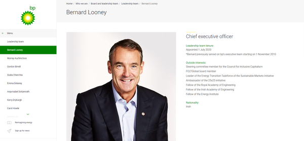 BP의 CEO인 버나드 루니. 2020년 7월에 취임한 이후 신재생에너지에 대한 투자를 늘리고 있다./ BP