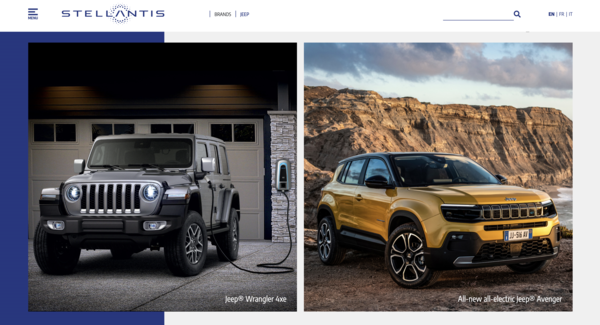 지프의 자동차 랭글러 4xe와 어벤저의 사진/ 스텔란티스 홈페이지