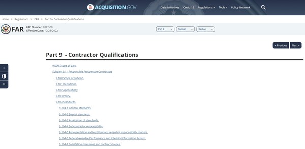 사진은 미국 연방정부 조달규정 제9파트 부분