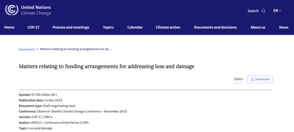 '손실과 피해' 보상 합의에 대한 초안./UNFCCC 홈페이지