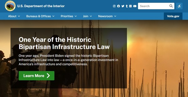 미국 연방정부의 내무부(DOI)의 홈페이지