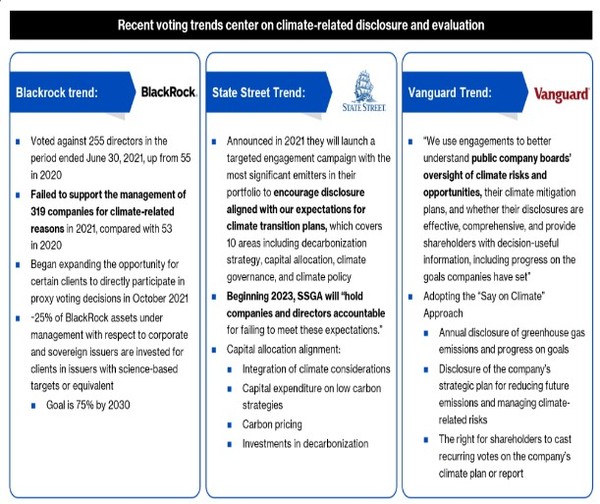 3대 자산운용사(블랙록, 스테이트 스트리트, 뱅가드)의 대리투표 가이드라인. 기후 투표 공시에 무게를 두고 있다./HLS