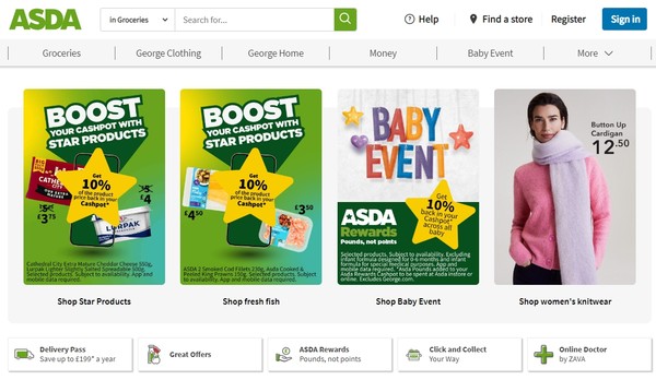 재사용 가능한 포장을 대량으로 사용하는 영국의 소매업체 아스다의 홈페이지