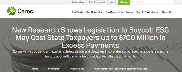 세레스 등 NGO 단체들의 연구. 안티 ESG 정책으로 지방채 금리가 상승한 추이를 분석했다./ Ceres