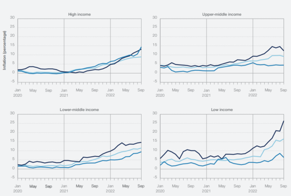 지난 2년간의 각 소득계층의 소비품목 가격상승률. 저소득층 소비품목(우측 하단) 가격이 급등이 두드러진다./WEF