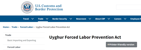 신장 지역의 강제노동 문제로 미국에서 UFLPA를 도입하면서 미-중 관계가 악화되고 있다./ CBP