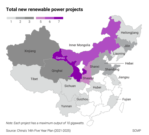 중국이 14차 5개년 개발계획에서 밝힌 재생에너지 개발 지도./사우스모닝차이나포스트