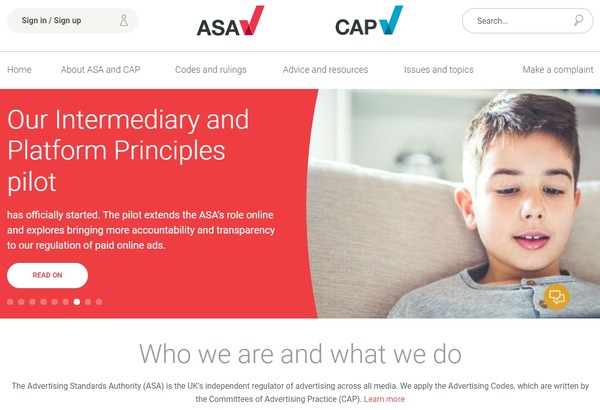 영국의 광고 규제 NGO인 ASA의 홈페이지
