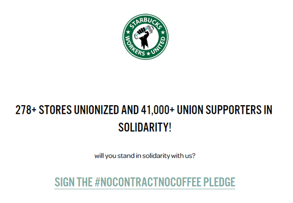 스타벅스 노동자연합. 현재 미국 내 280여 개 지점이 동참하고 있다./ Starbucks Workers United