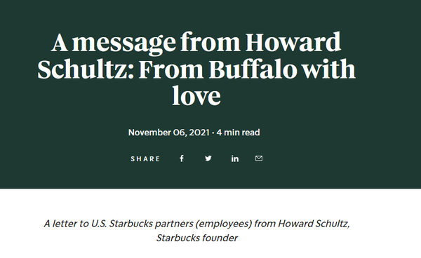 슐츠가 스타벅스 CEO로 복귀하기 전에 직원들에게 보낸 공개서한. / Starbucks