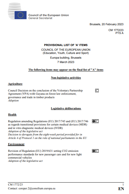 내연기관 금지 법안은  쉽게 통과될 것으로 전망되는 'A-item'으로 분류됐다. / EU 이사회