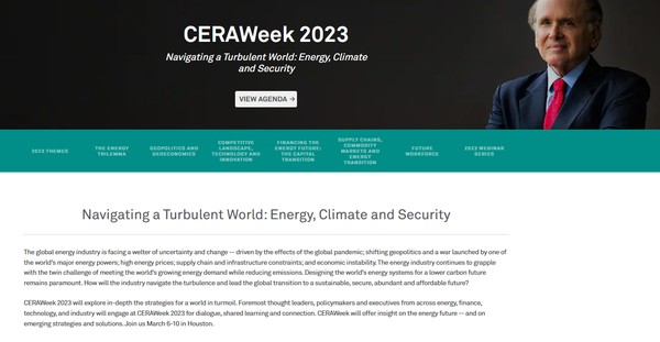 2023 세라위크는 '격동하는 세계 속 에너지, 기후, 안보의 방향 모색'을 전면에 내세우고 있다./ CERAWeek