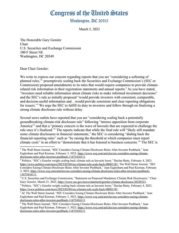 미 민주당 의원들이 SEC의 스코프3 축소 움직임에 반발해서 보낸 공개서한 첫 페이지
