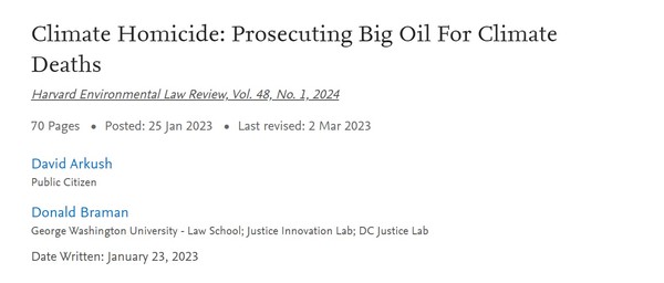 '기후 살인: 기후 관련 사망에 대해 빅오일을 고발한다'는 제목의 논문이 SSRN에 발표됐다./ SSRN