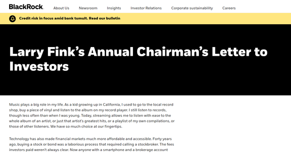 지난해에는 래리핑크의 사진이 편지에 등장했으나, 공화당의 공격을 의식해서인지 2023 편지에는 래리핑크의 사진이 등장하지 않았다. 