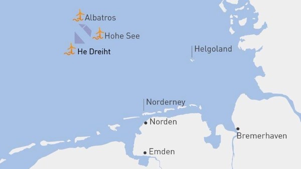 헤 드라이트 해상풍력 발전소 위치/EnBW의 홈페이지