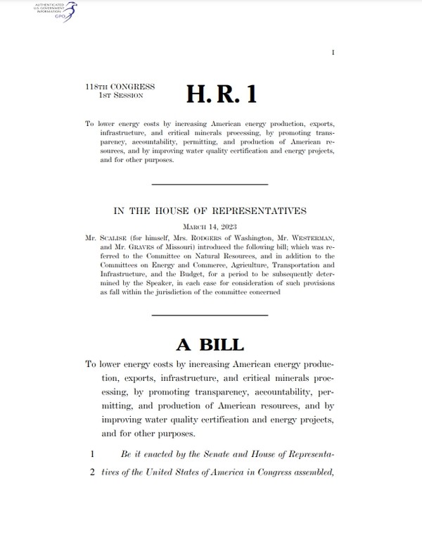 미 공화당의 하원의원들이 발의한 에너지 비용 절감법(HR1)의 첫 페이지