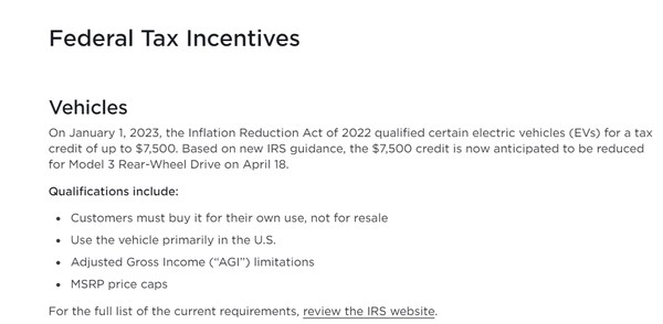 테슬라(Tesla)는 지난 3월 29일(현지시간) 모델 3의 후륜구동에 대한 세금 공제가 새로운 IRA 지침의 결과로 줄어들 것이라고 전했다./ 테슬라 홈페이지