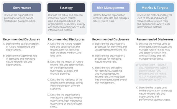TNFD 프레임워크의 4가지 주요 공시 분야/ TNFD