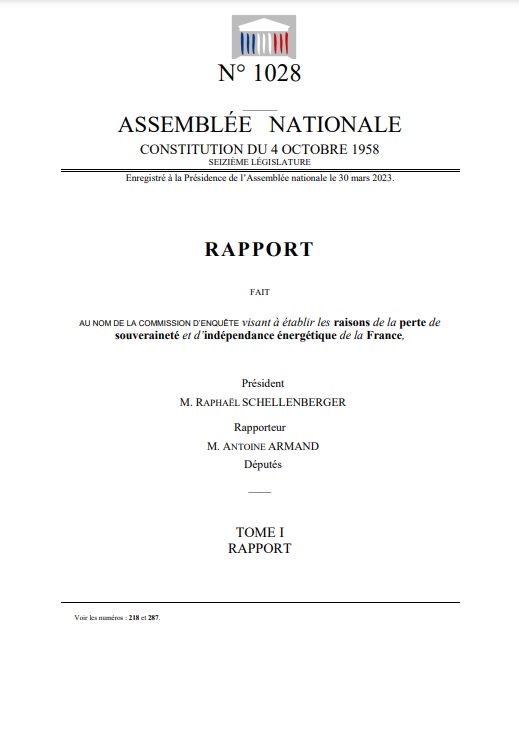 '프랑스의 주권 및 에너지 독립성 상실의 원인' 보고서의 표지. / ASSEMBLÉE NATIONALE