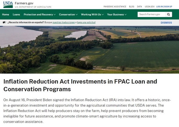 미 농무부가 IRA의 자금을 농업 부문의 탄소 기술 개발 및 보급에 투입한다고 밝혔다./ USDA