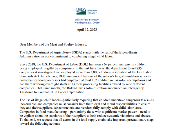 톰 빌색 농무부 장관은 18개 육류 및 식품 기업에 서한을 보냈다./ 미국 농무부