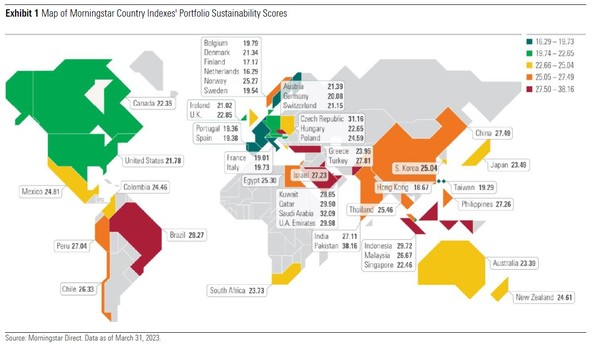 국가별 주식시장의 지속가능성 지표. 유럽국가들과 홍콩 ㆍ대만의 성과가 두드러진다고 평가했다./ MorningStar