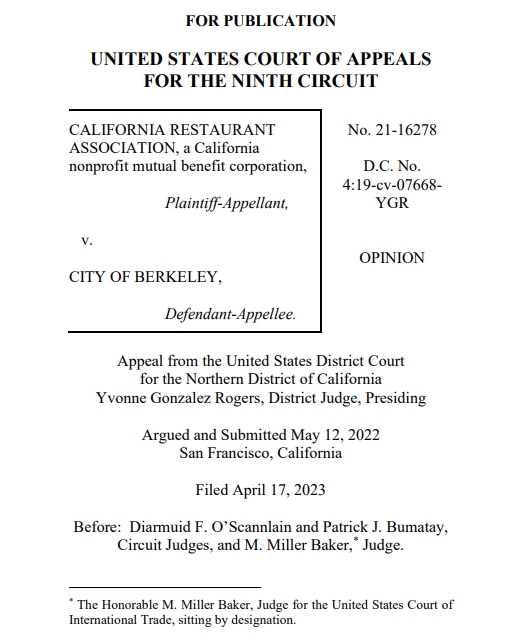  캘리포니아 레스토랑 협회 등이 항소한 심판의 결정문 표지