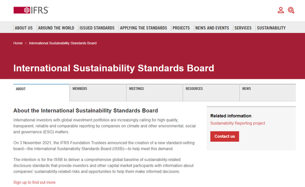 ISSB 홈페이지. 6월 말, 지속가능성 표준 최종안 발표를 앞두고 전문가 그룹이 인사이트, 실제 사례 등 시행 가능 여부를 논의할 예정이다. / ISSB