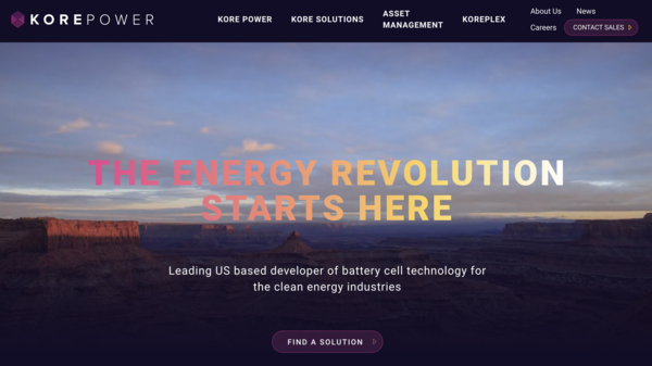 코어 파워(Kore Power)는 EV와 EV 충전 네트워크, 그리드 스토리지 등 다양한 서비스를 제공하는 배터리 셀 제조업체다./ Kore Power