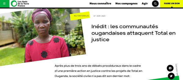 프랑스 법원이 토탈에너지스(Total Energies)이 우간다와 탄자니아에서 진행 중인 대규모 석유 프로젝트를 중단해달라며 제기한 NGO 연합의 사건을 심의하지 않겠하겠다고 판결했다./FoE