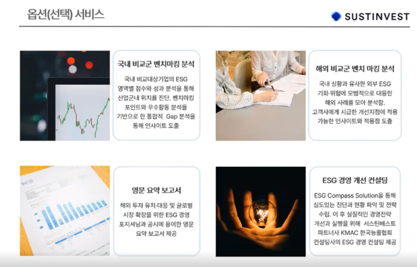 벤치마크는 국내외 기업과 ESG 점수와 성과를 비교 분석해주는 서비스로 해외 기업은 고객사가 직접 선택한 곳으로 분석 결과를 받을 수 있다./서스틴베스트 