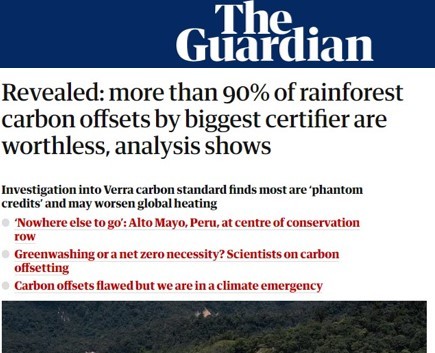 세계 최대 자발적 탄소배출 인증기관, 베라의 탄소배출권 90% 가량이 탄소배출감축효과가 없다고 고발한 기사/The Guardian