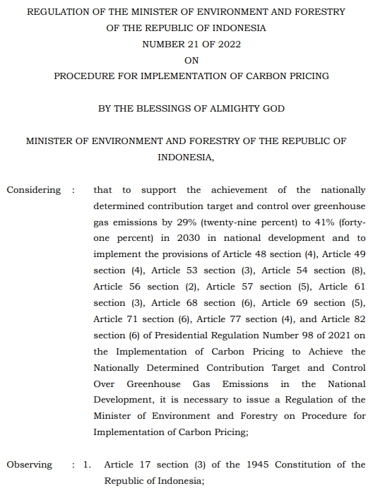   인도네시아 정부의 탄소 가격 실행 절차 법률의 첫 페이지