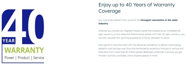  맥시온 솔라 테크놀로지는 자사 제품에 대해서 40년까지 보증한다./홈페이지