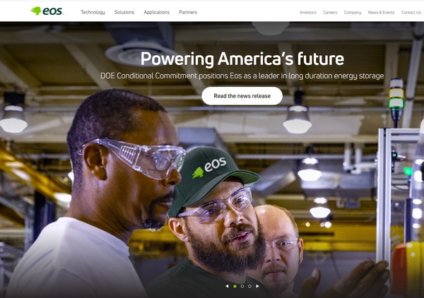  이오스 에너지 스토리지의 홈페이지, 아연 기반 배터리로 주목 받고 있다/홈페이지