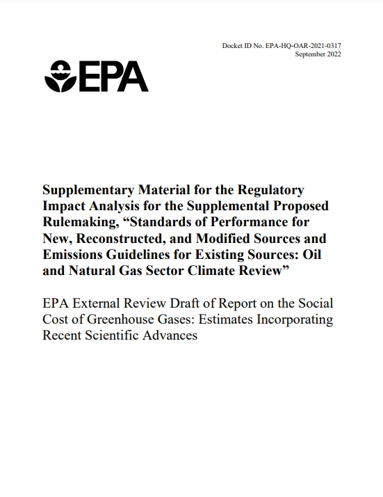  온실가스의 사회적 비용에 대한 미 환경보호청의 보고서 표지/홈페이지