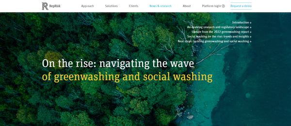 ESG 데이터 분석기업인 렙리스크(RepRisk)가 지난 3일(현지시간) 전 세계 은행과 금융기관의 그린워싱 사례수가 지난 1년간 70% 늘었다고 전했다./ 렙리스크
