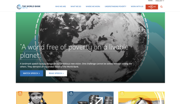 아제이 방가 세계은행 총재가 기후 변화 및 기타 세계가 직면한 위기에 대처하기 위한 대출을 늘리고자 국제통화기금 특별인출권(SDR)을 자본으로 사용하는 방법을 찾을 수 있다고 전했다./ 세계은행 홈페아지