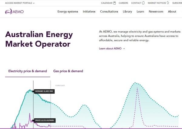  호주 에너지 시장 운영업체인 에이모(AEMO)의 홈페이지