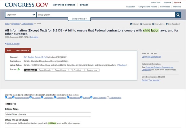  미국 민주당 상원의원 코리 부커 의원이 최근 발의한 아동 노동 제한 법안/미 상원 홈페이지