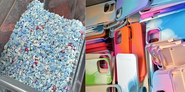 [플라스틱을 잘게 쪼개 만든 프레이크와 이를 녹여 플라스틱 아크만의 패턴화 기술로 제작한 폰 케이스/ⓒ대신기]