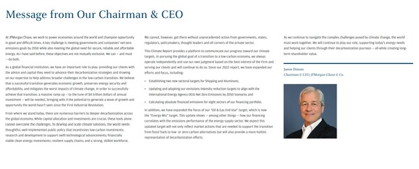 JP 모건의 CEO 제이미 다이먼이 연례기후보고서를 통해 의견을 밝혔다./ JP모건