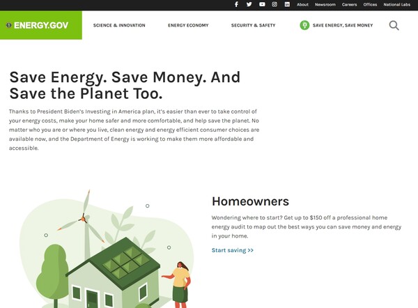  미국 에너지부가 미국 소비자의 에너지 절약을 돕기 위해서 만든 에너지 절약 허브./홈페이지