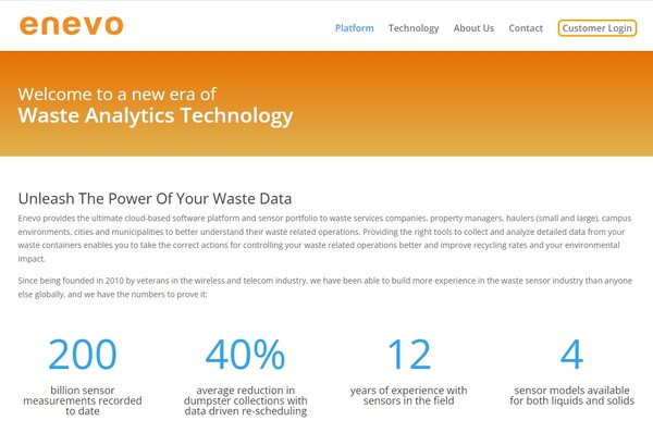  쓰레기통에 대한 데이터 분석을 통해 효율적으로 관리하는 기술을 보유한 에네보의 홈페이지.
