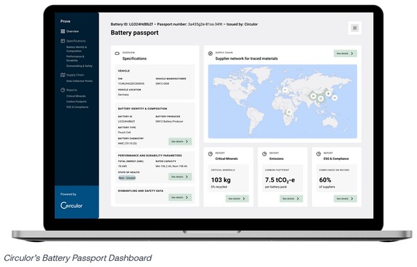  서큘러의 프루브 플랫폼의 배터리 여권 대시보드./홈페이지