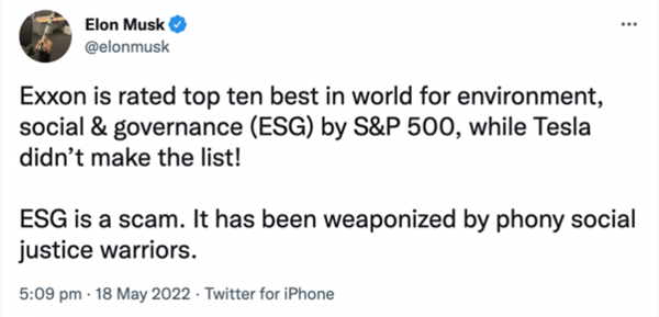 트위터(X)를 통해 ESG에 대해 강한 비판을 가한 엘론 머스크/ X
