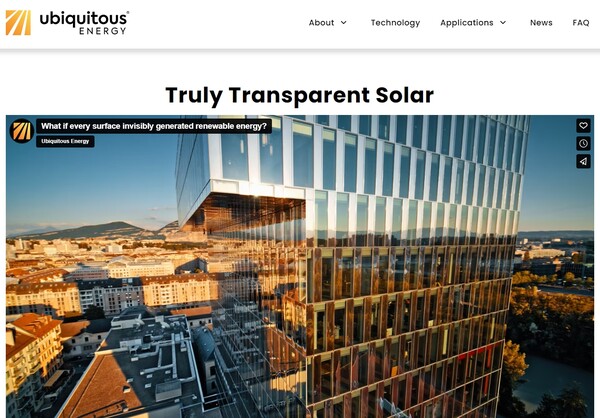   투명한 유리창에 코팅을 해서 태양광 발전을 하는 기술을 가진 유비쿼터스 에너지의 홈페이지.