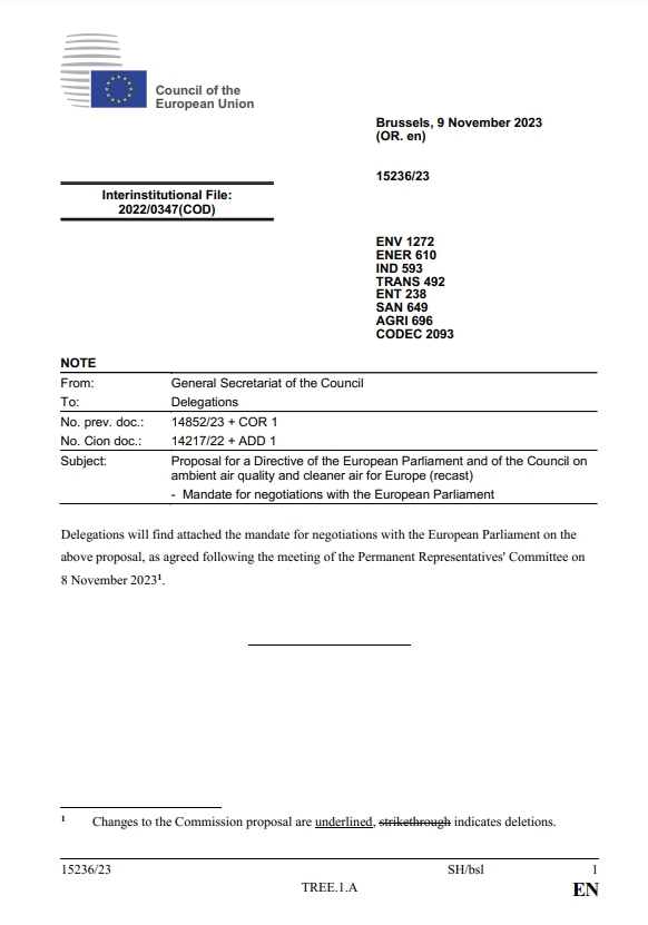  EU의 대기질 기준 강화 규칙의 첫 페이지.