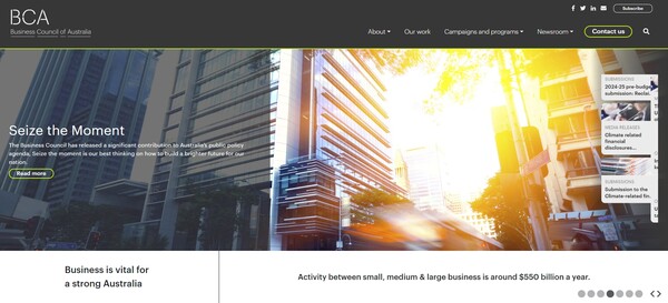  호주비즈니스협의회(BCA) 홈페이지.
